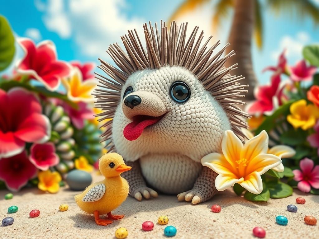 Vibrant Fantasy Hedgehog in a Whimsical Beach Scene