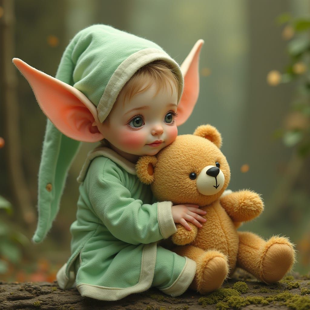 Adorable Baby Elf Cuddling Teddy Bear in Mystical Style