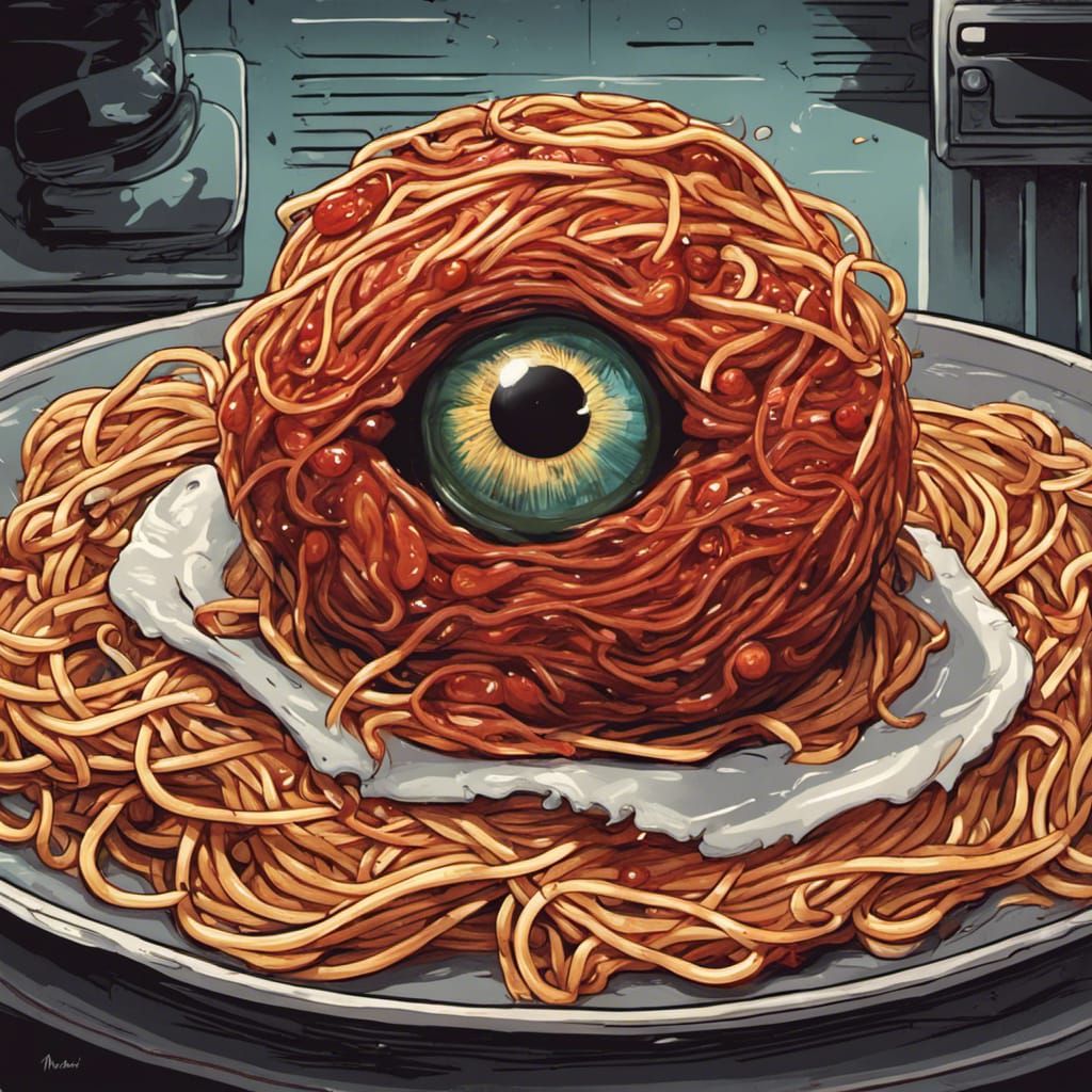 Surreal Spaghetti Eyeball in Comic Book Art Style