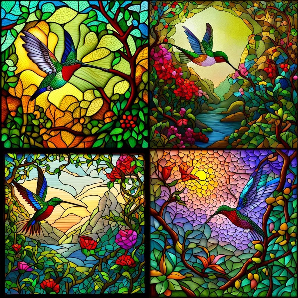 Stained Glass Hummingbird in Enchanting Forest