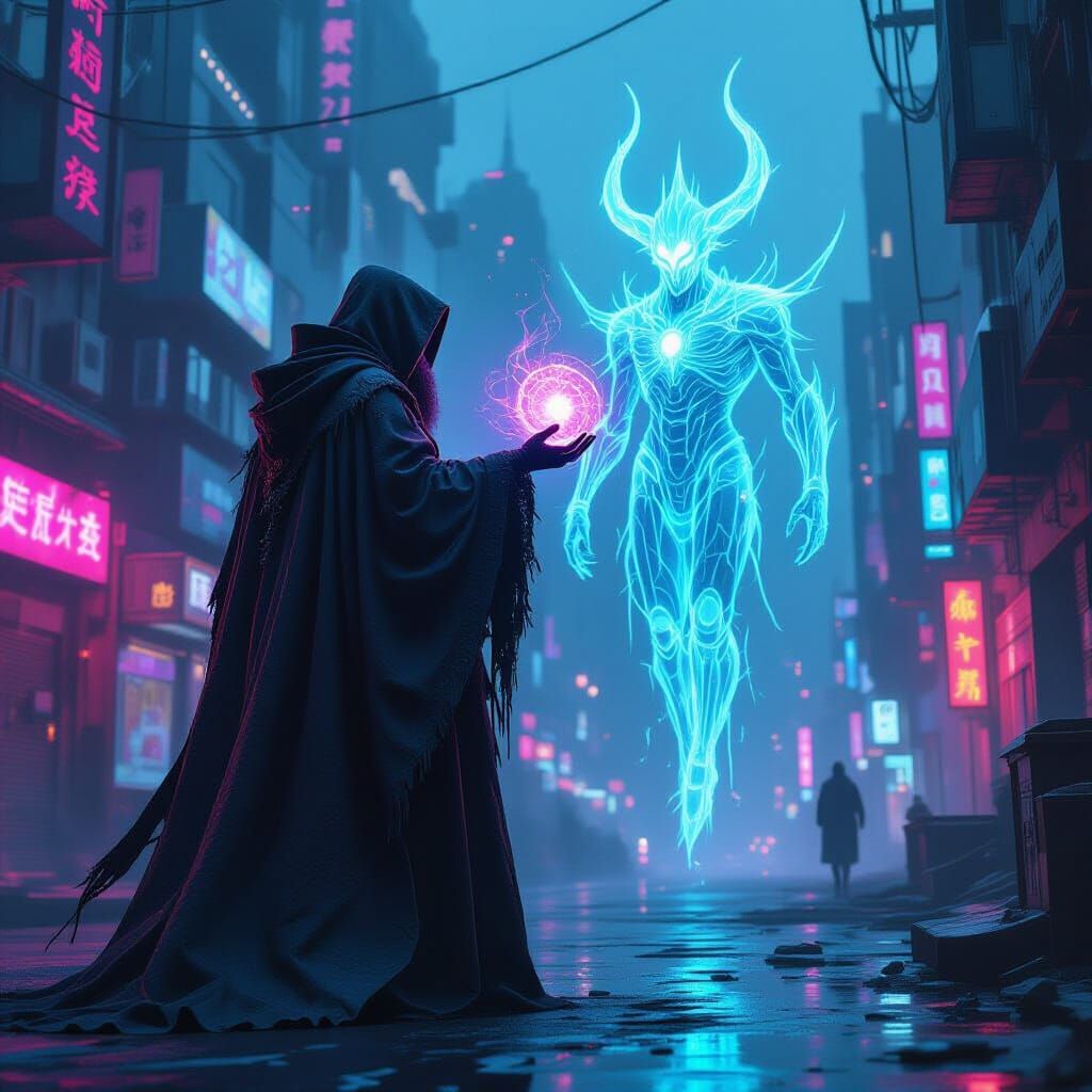 Cyberpunk Wizard Summons Holographic Demon in Dystopian City