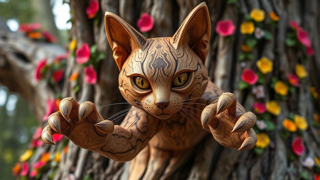 Wooden Angora Cat Sculpture with Floral Adornments