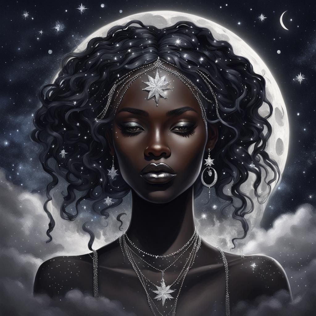 Stars shower over the goddess Nyx, the moon shines brightly over her skin, clad in black she embodies the soft night.