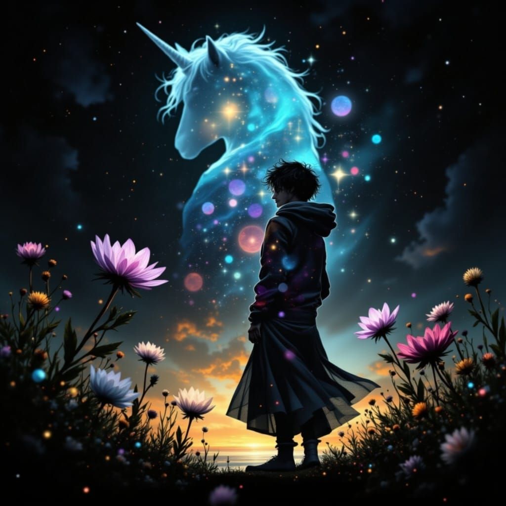 Celestial Unicorn Amidst Cosmic Flowers in Golden Hour