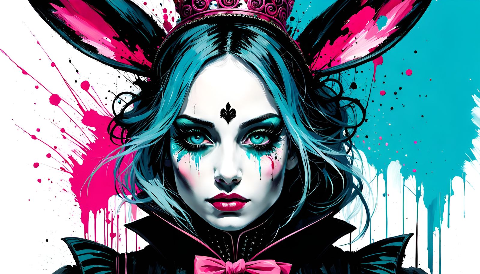 Dark Alice in Wonderland Queen Portrait, Ink Splatter Art