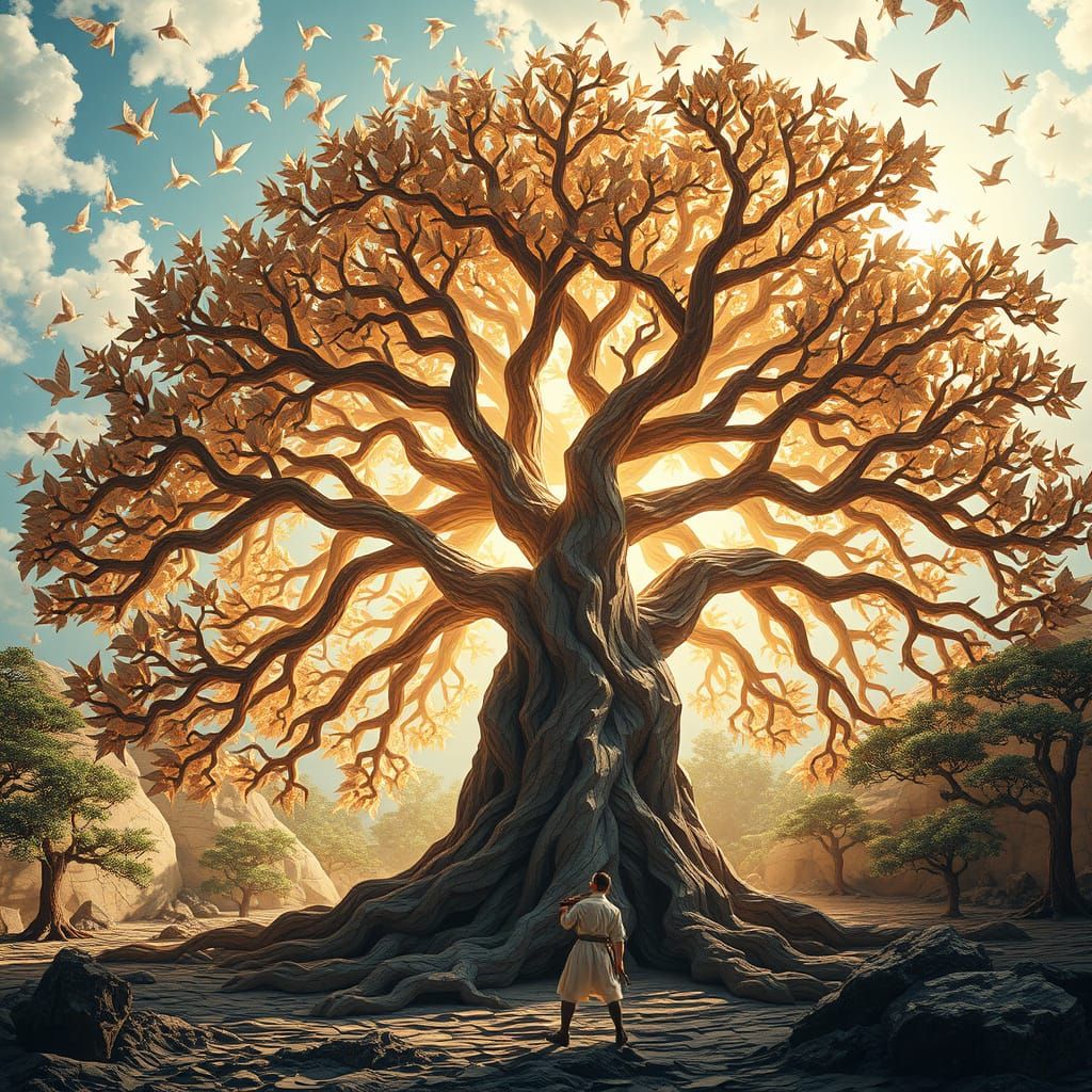 Ancient Paper Tree with Crane Sky in Kirigami Style
