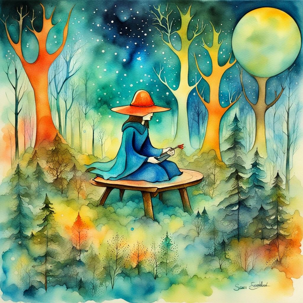 Cosmic Forest Witch Picnic in Retro-Abstract Style