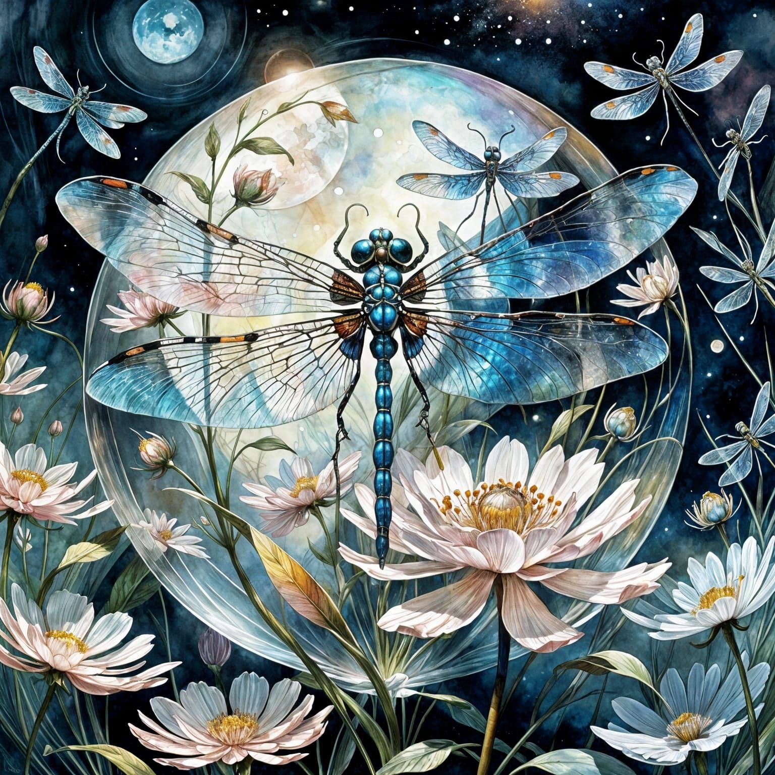 Fantastical Dragonfly on Flower in Watercolor Style