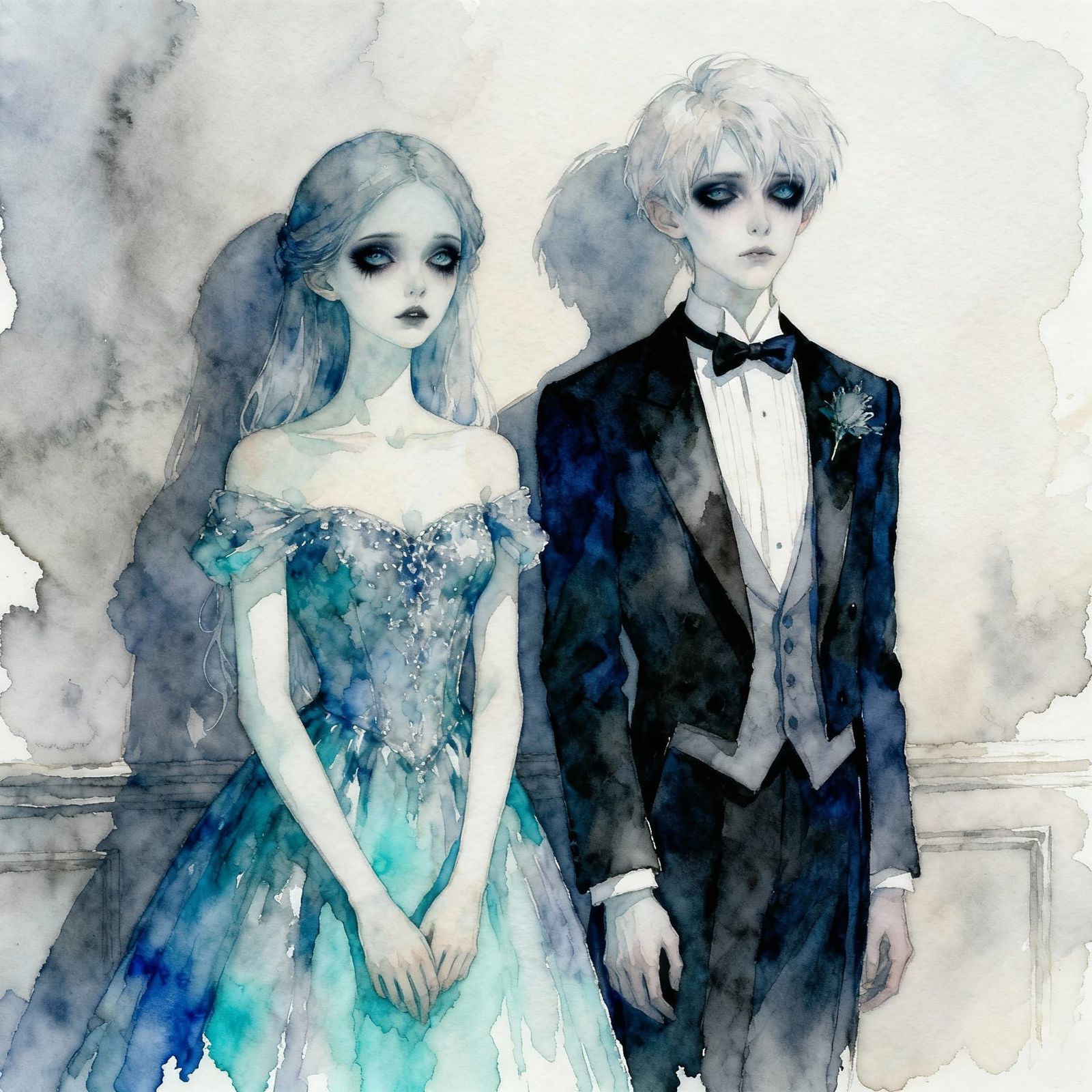 Awkward Prom Couple in Watercolor Style