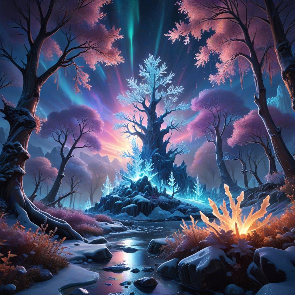 Whimsical Crystal Forest Illuminated by Rainbow-Lit Skies
