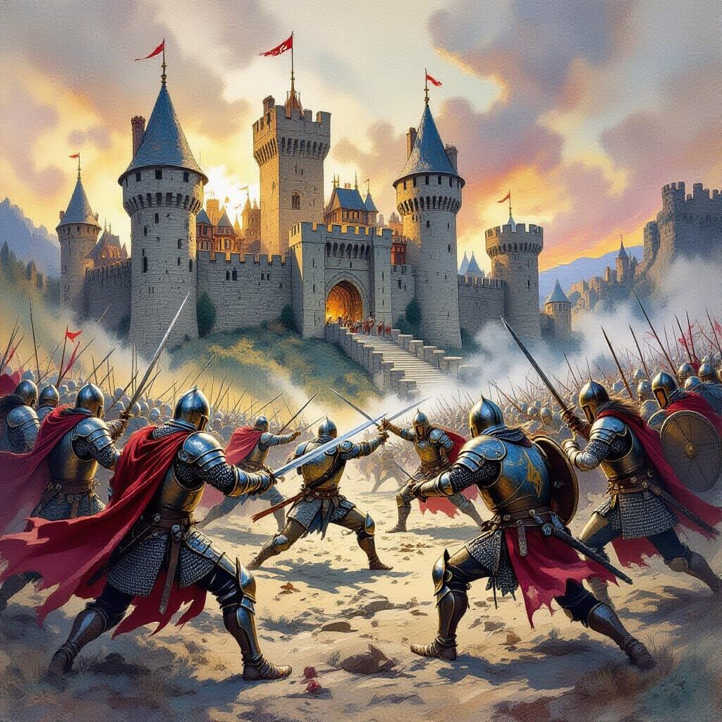 Medieval Battle Scene in Gouache Painting Style