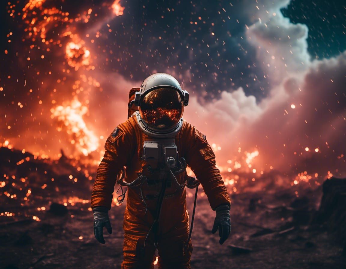 Astronaut Spacewalk Amidst Fiery Nebula