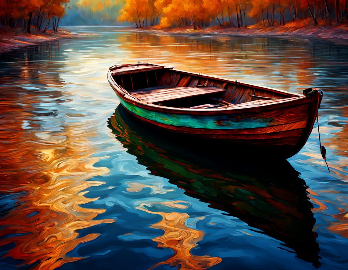 Serene Boat on Reflective Water in Painterly Style