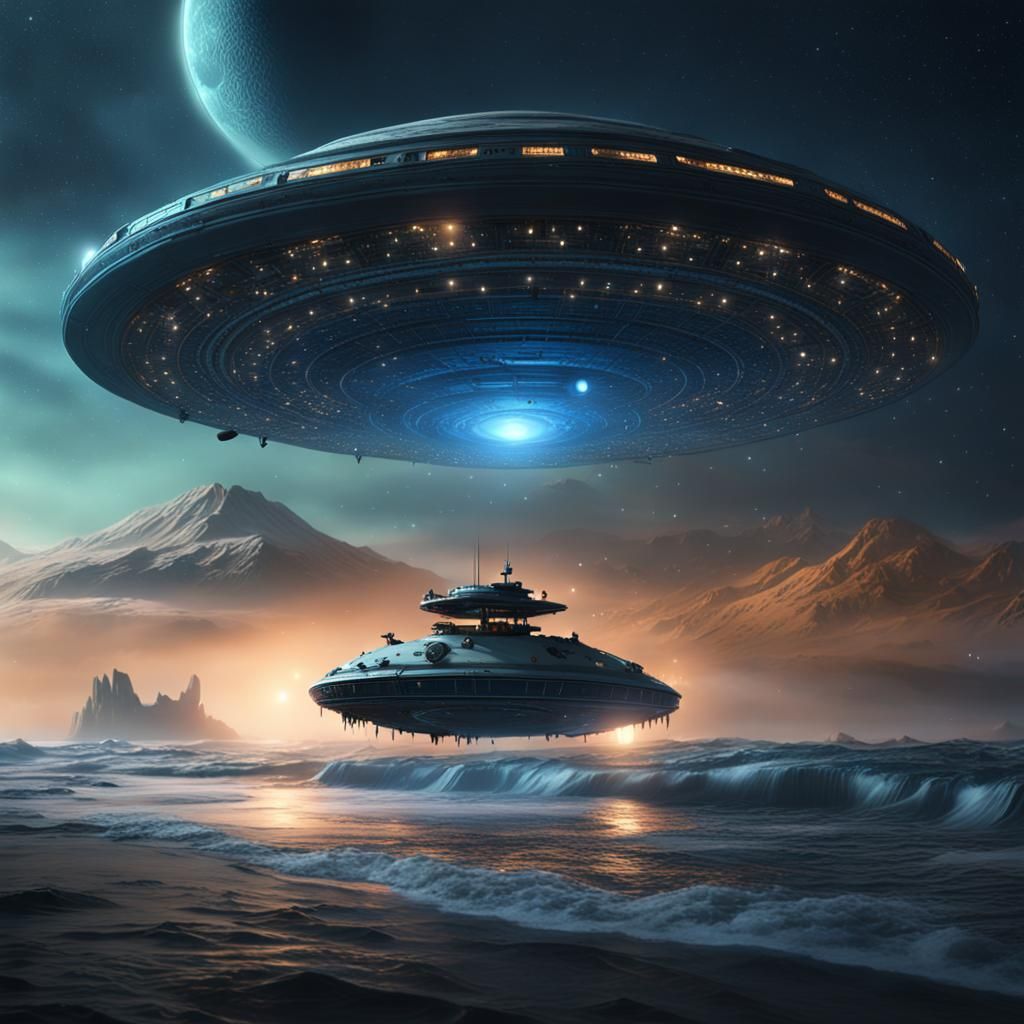 Alien Ascends to UFO Under Starry Sky