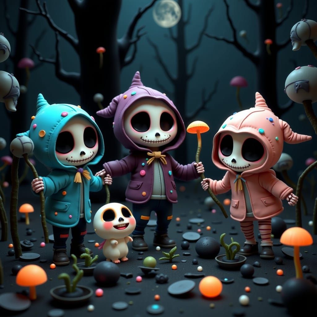 Laughing Chibi Skeletons in Moonflower Graveyard