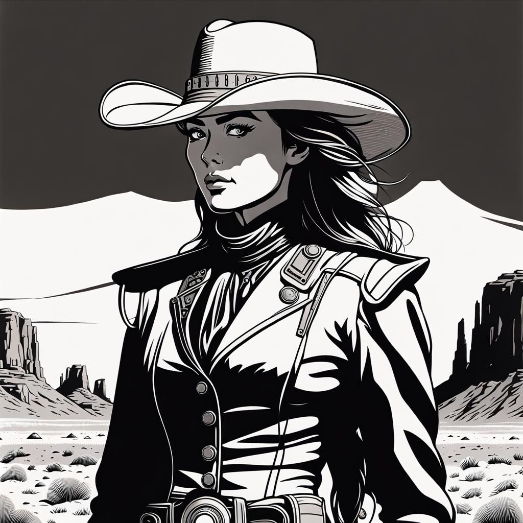 Retro Sci-Fi Woman in Wild West Outfit: Line Art