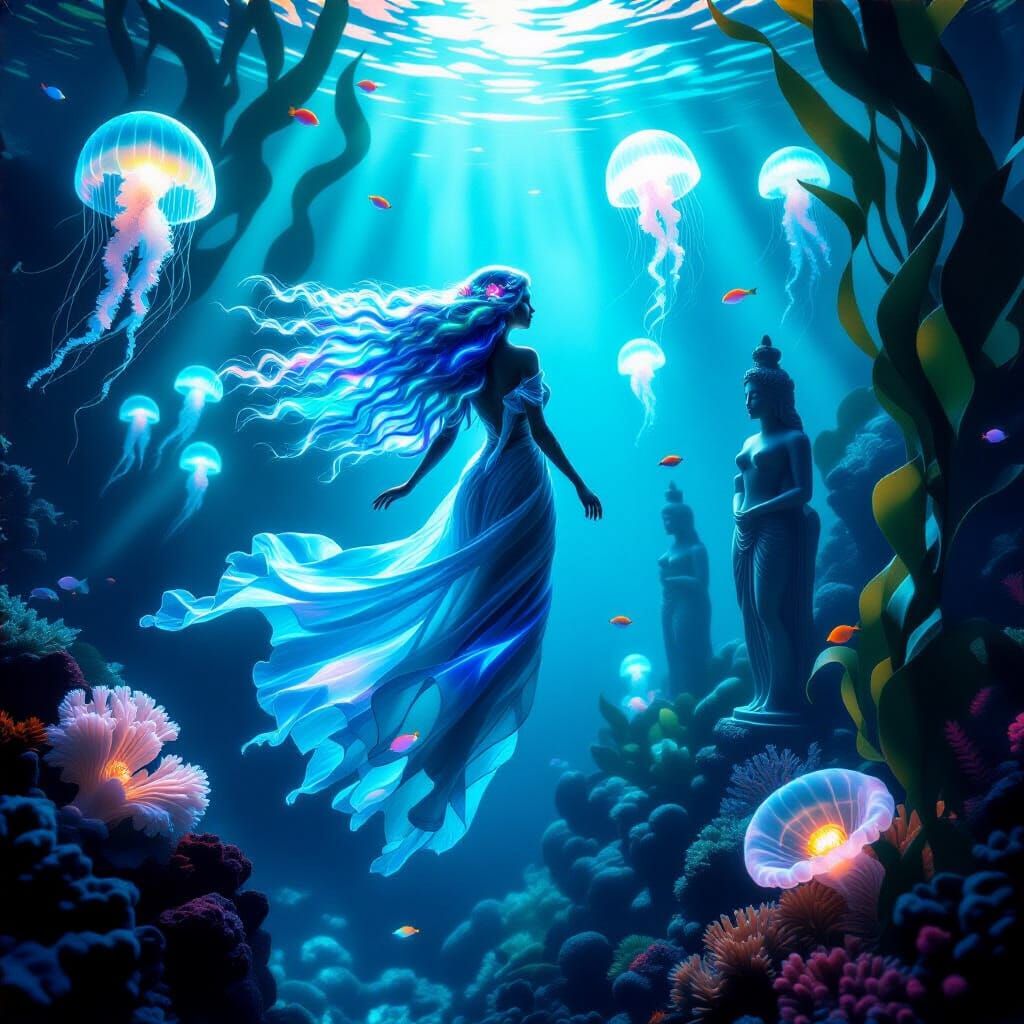 Mystical Woman in Ethereal Underwater Forest