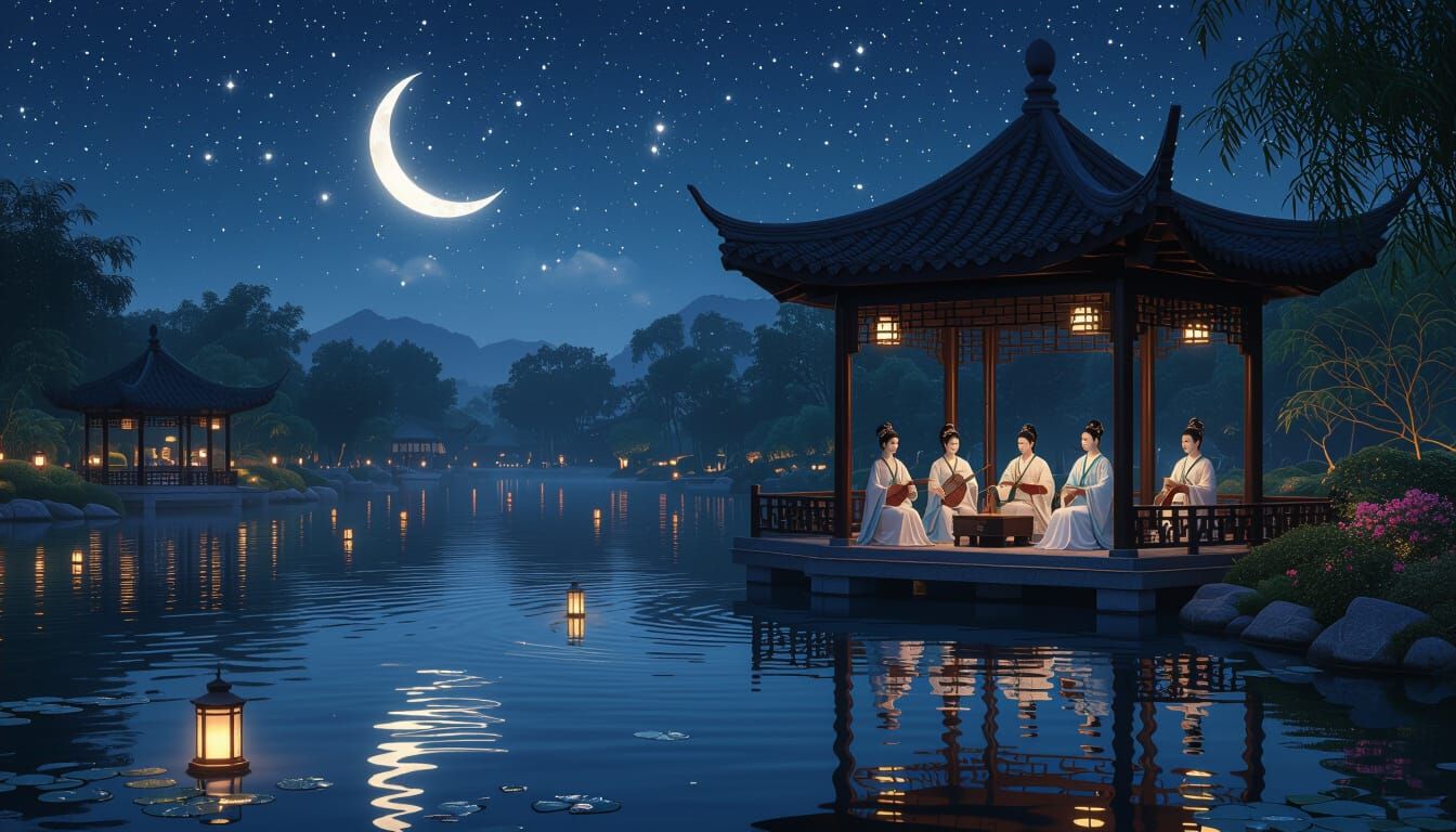 Musicians in Chinese Pavilion by Serene Lake at Night
