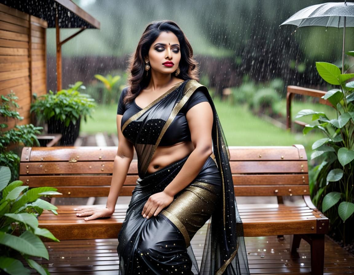 Indian Woman in Glittering Saree Awaits in Rain