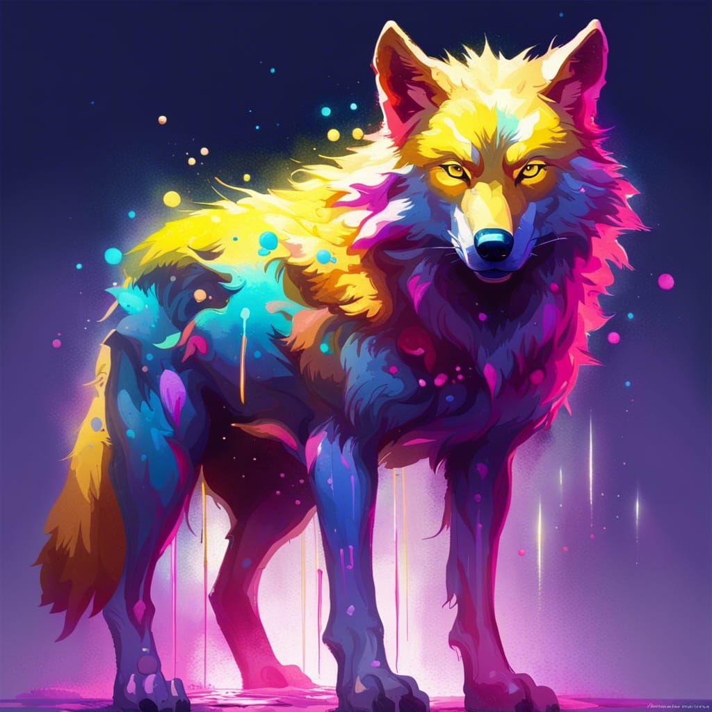 Colorful Cosmic Wolf Portrait in Neon Lights