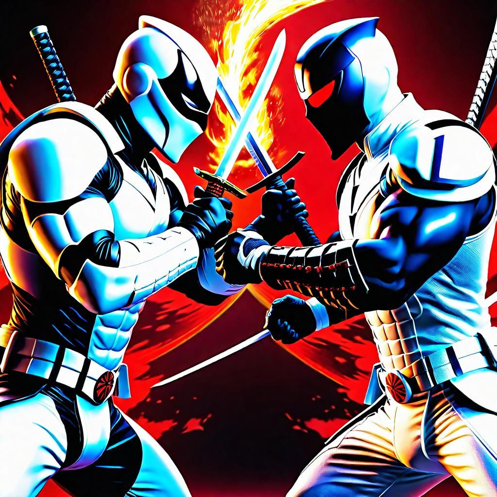 Snake Eyes and Storm Shadow, equal sized, katana dueling, muscular warriors Hyperrealistic, splash art, concept art, clo...