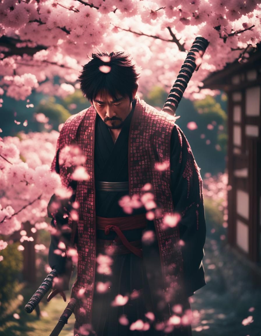 Samurai with Katana Under Cherry Blossoms in Anime Style