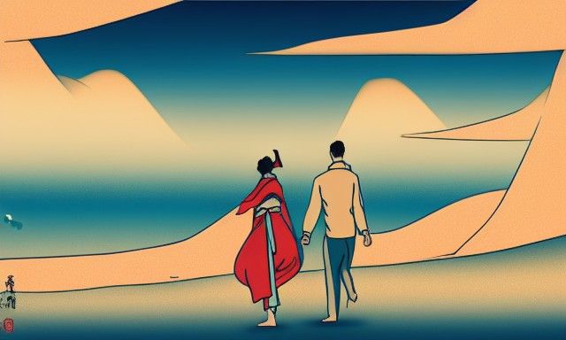 Couple on Vast Beach in Ukiyo-e Style
