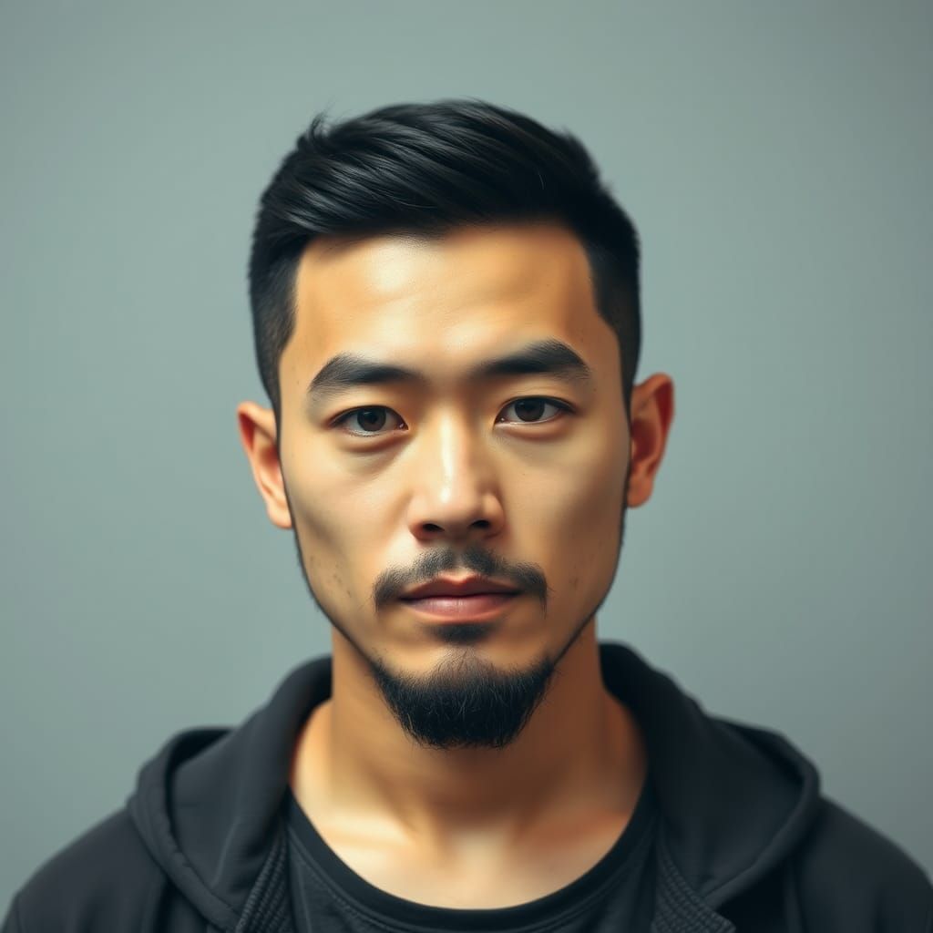 Mugshot of Handsome Chinese Man with Short Beard
