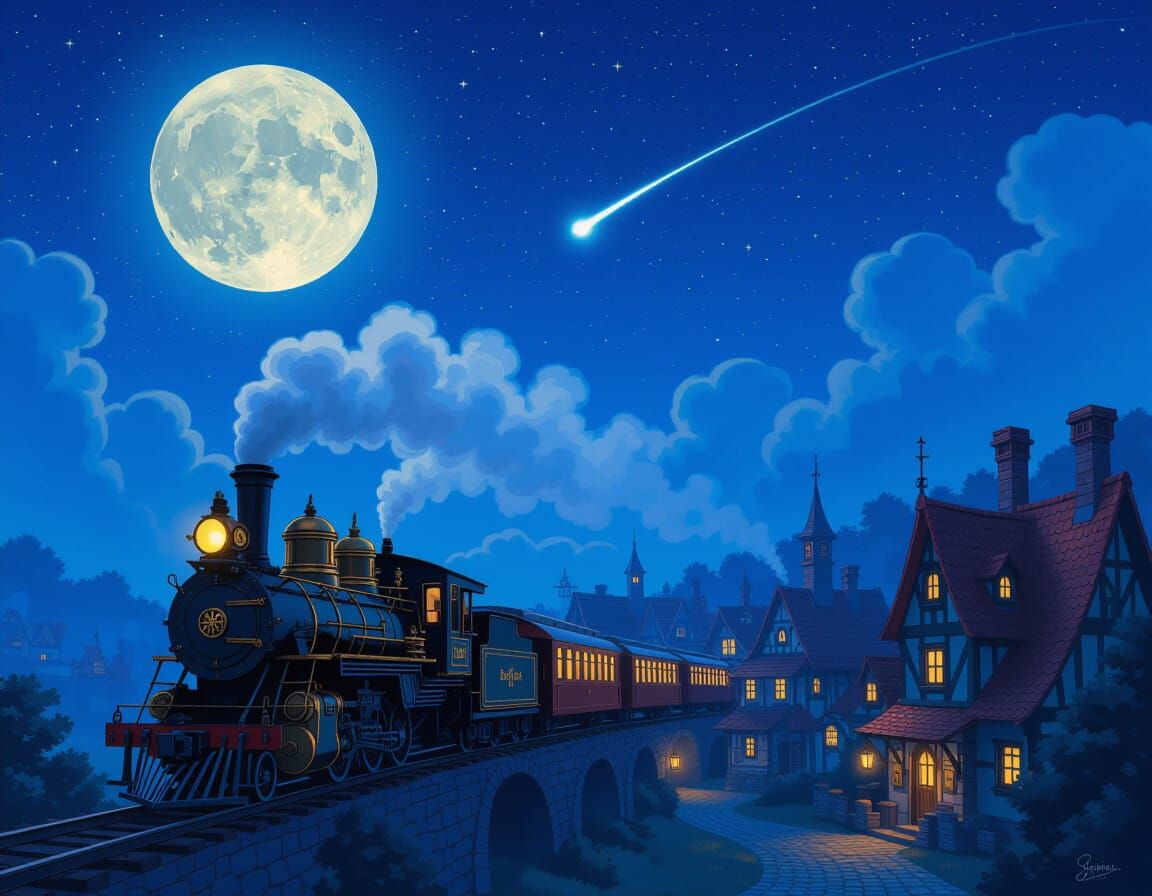 Steampunk Village Under a Starry Night Sky