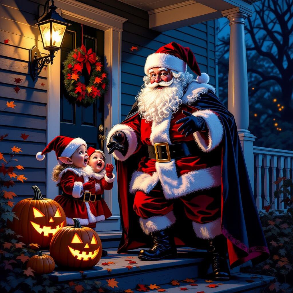 Santa as Vampire Trick-or-Treating with Elves