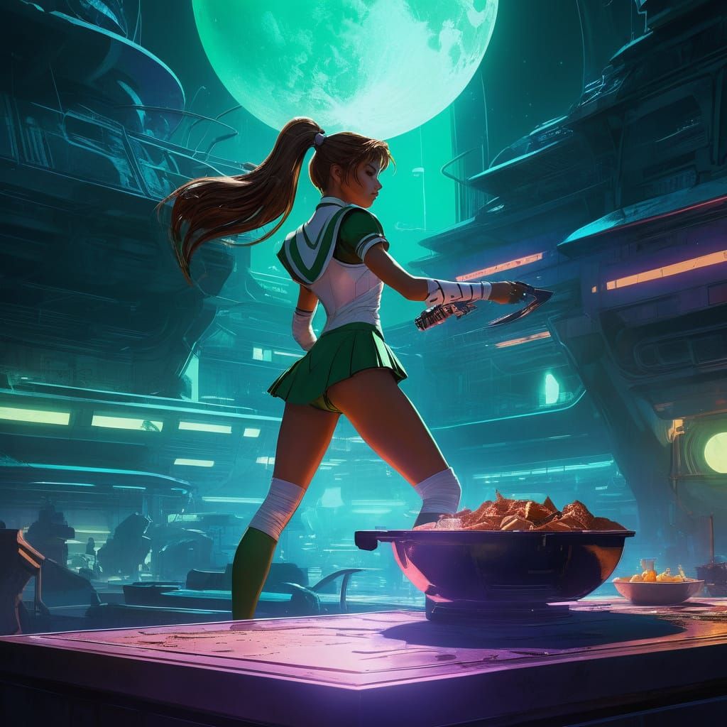 Sailor Jupiter Cooks in Cyberpunk Court: Digital Art