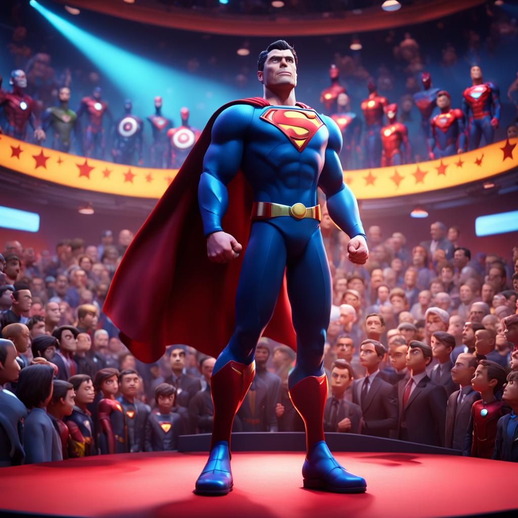 Salesman on Stage Watched by Superheroes: 3D Digital Art
