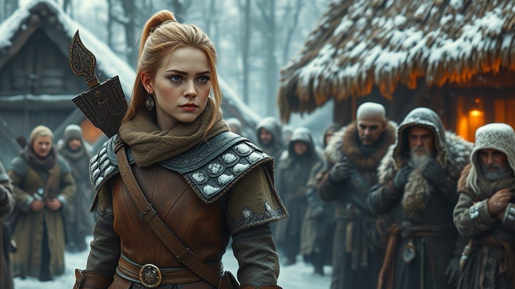 Determined Warrior and Village Elder Stand Amidst Snowy Vill...