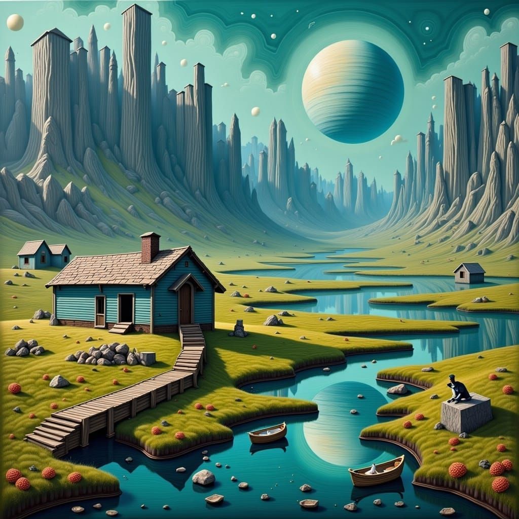 Alien Homestead: Detailed Matte Painting of Simple Life