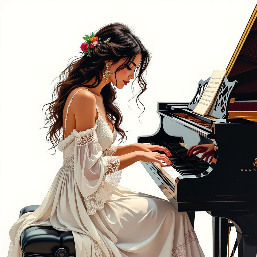 Bohemian Artist Plays Piano in Pen and Ink Sketch