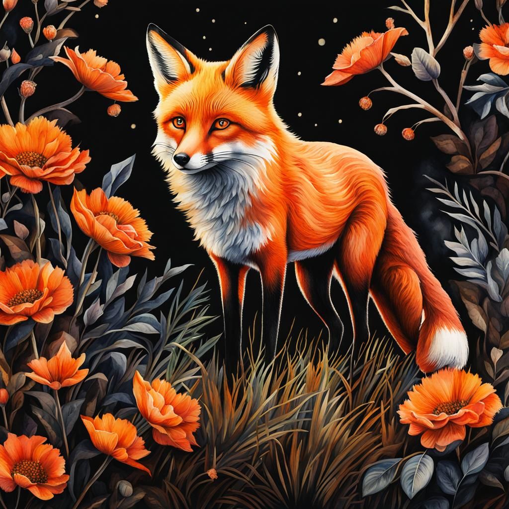 Whimsical Fox in Bush Watercolor Illustration