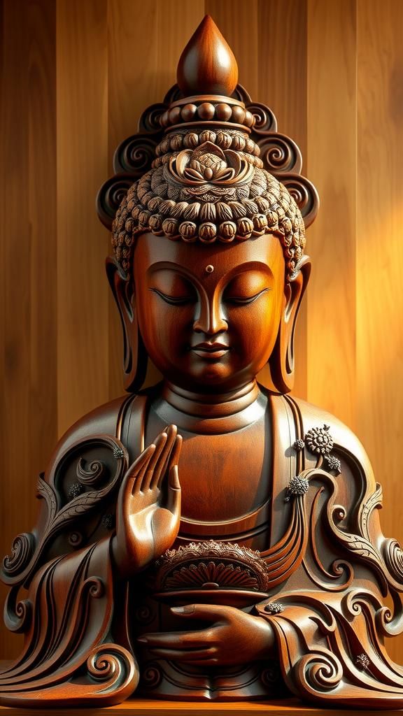 Buddha Wood Carving with Intricate Lotus Patterns