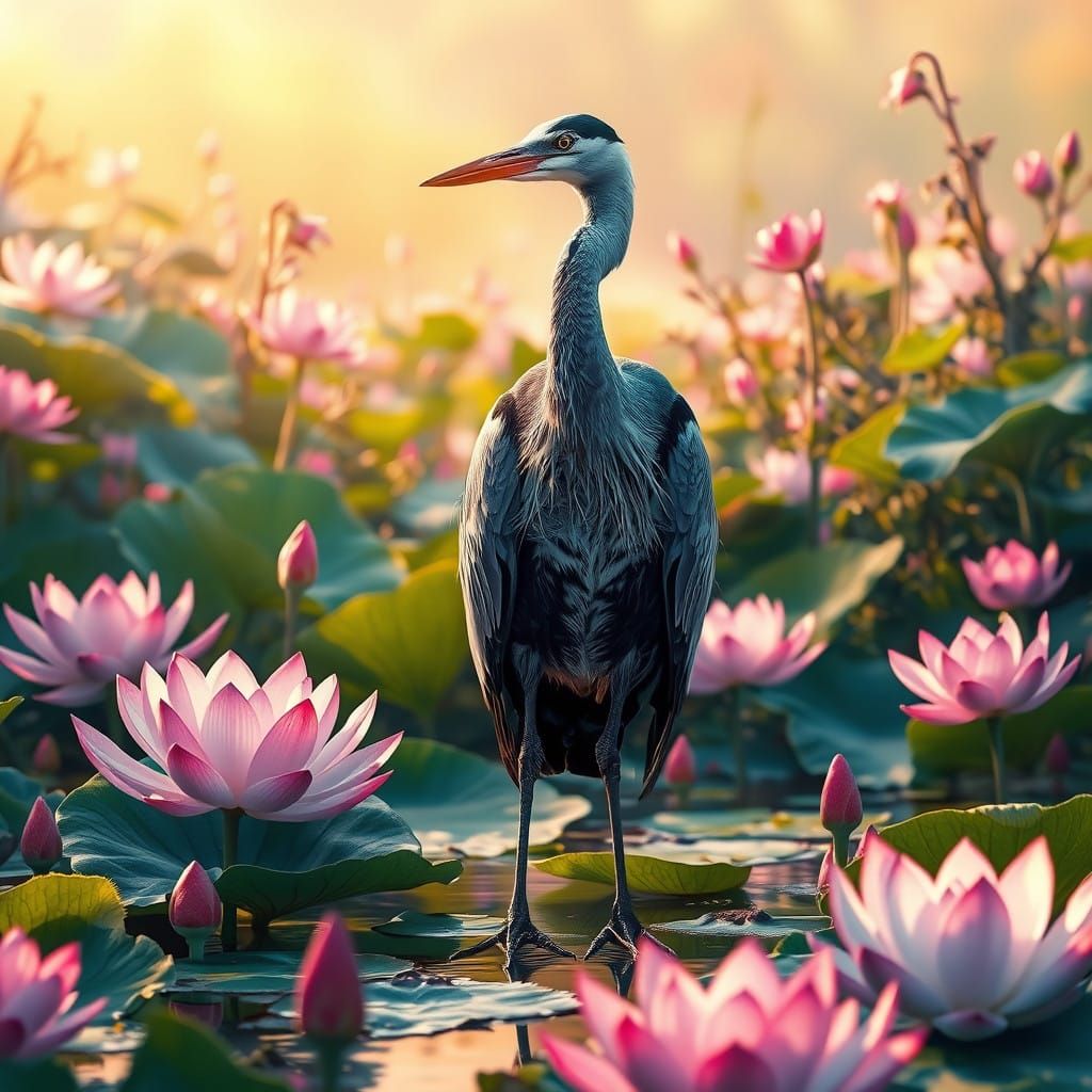 Serene Heron in Vibrant Lotus Pond