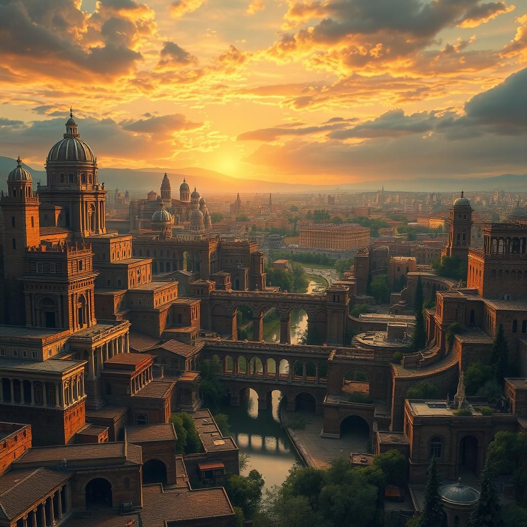 Epic Roman Cityscape at Dusk in Retro-Futuristic Style