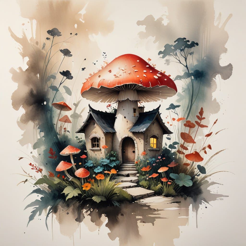 Mushroom House Fairy Meditation in Vibrant Ink Wash