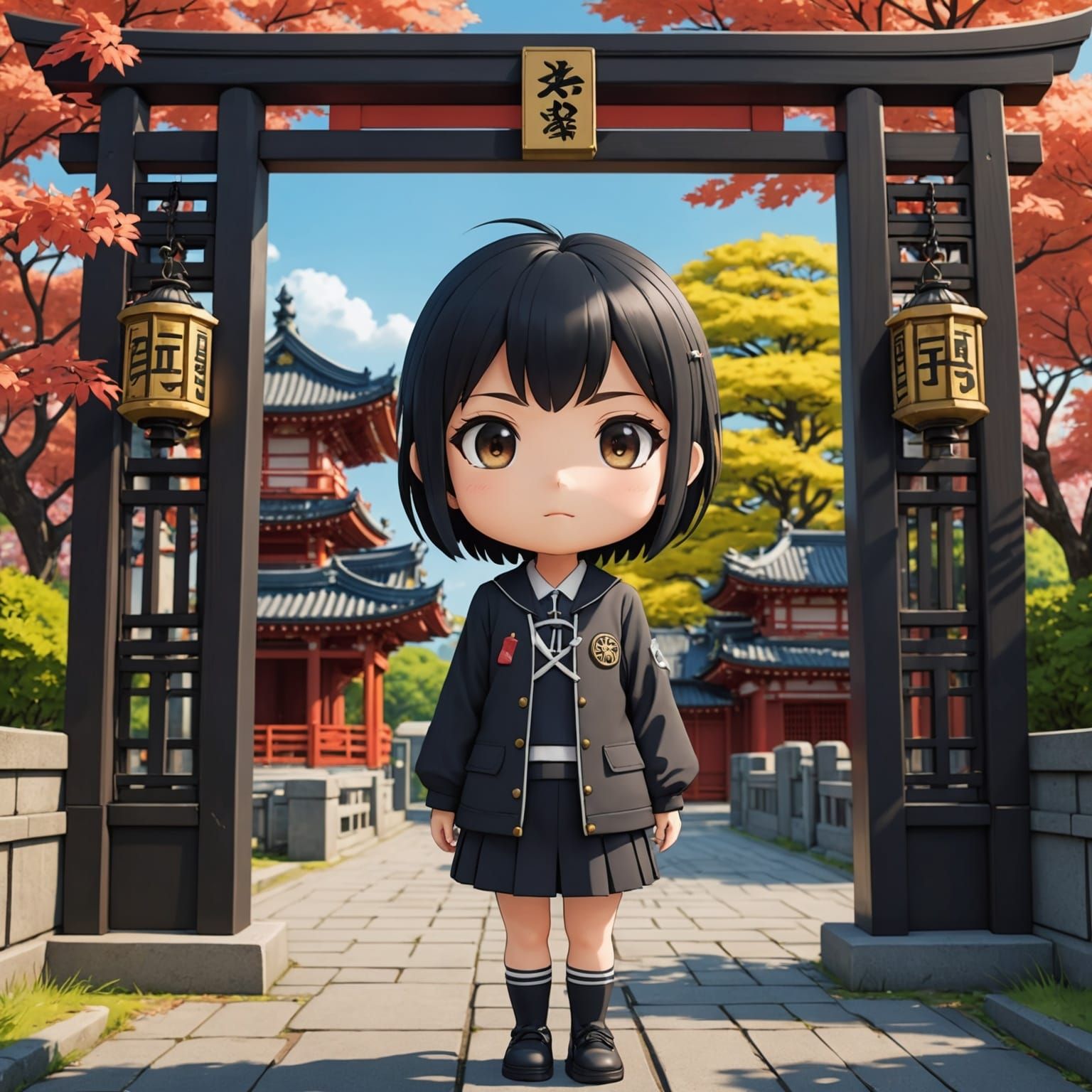 Anime Chibi Girl at Tori Gate in Manga Style