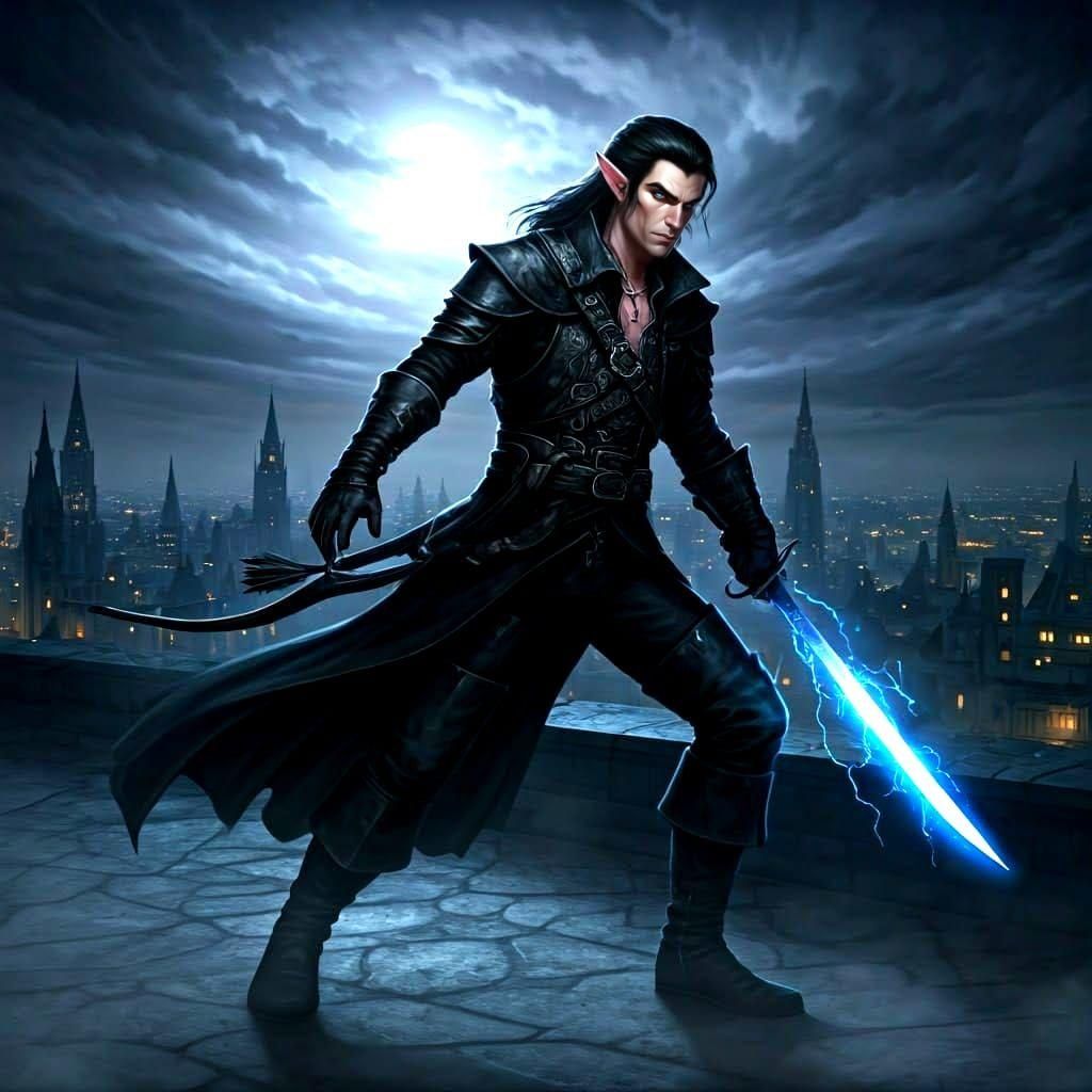 Half-Elf Rogue with Lightning Sword on Rooftop