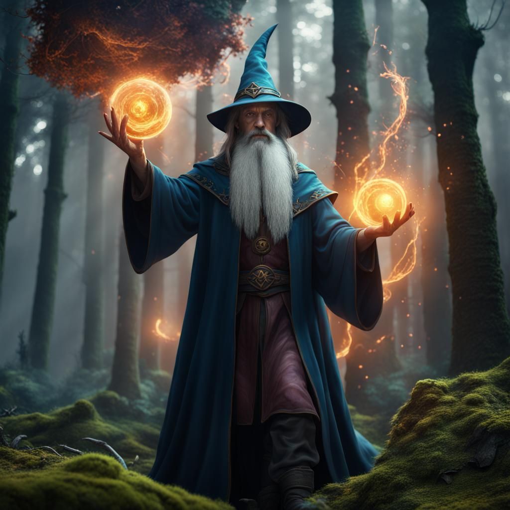 Wizard Conjuring Earth Magic in Forest Landscape