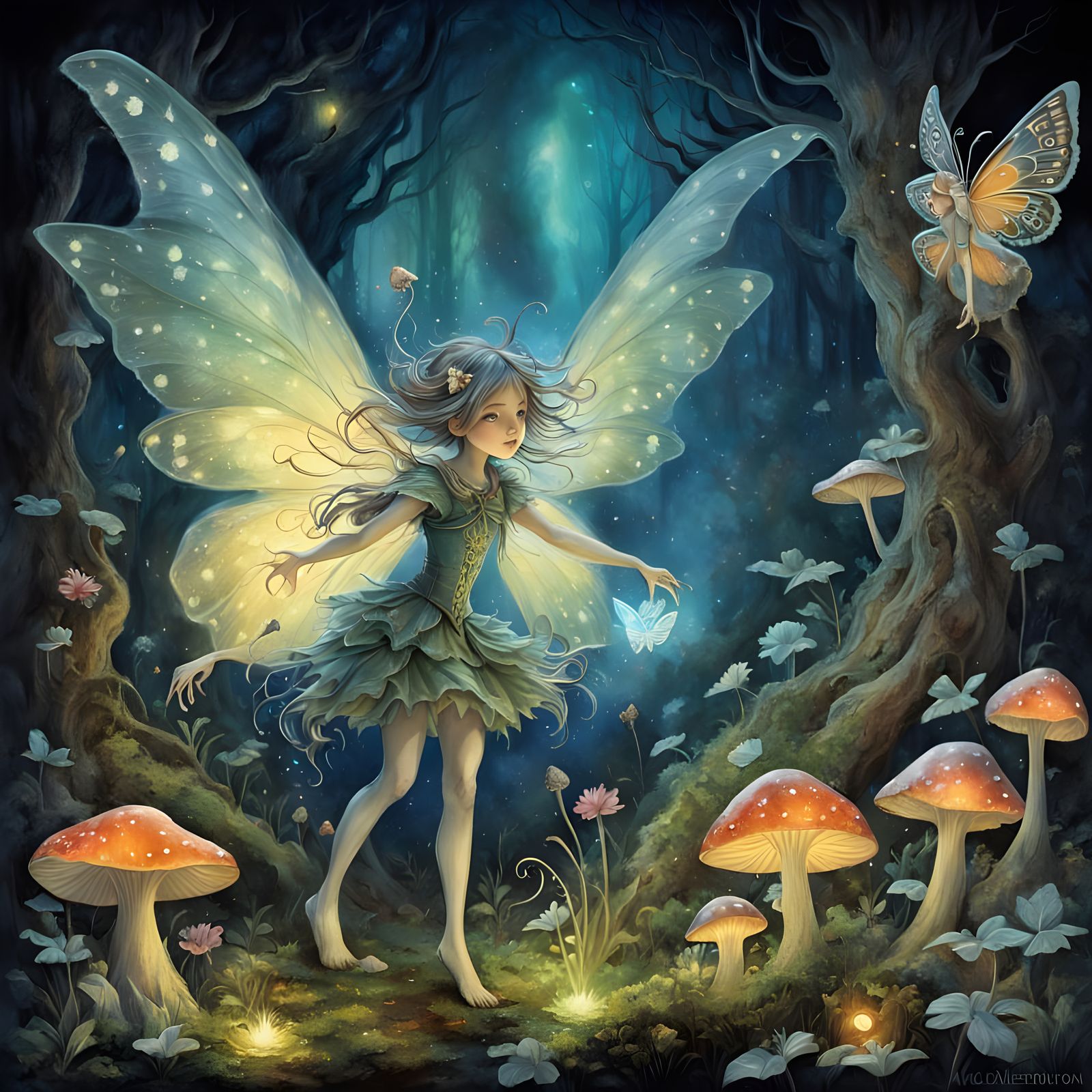 Mischievous Sprite Tends Magical Bioluminescent Garden