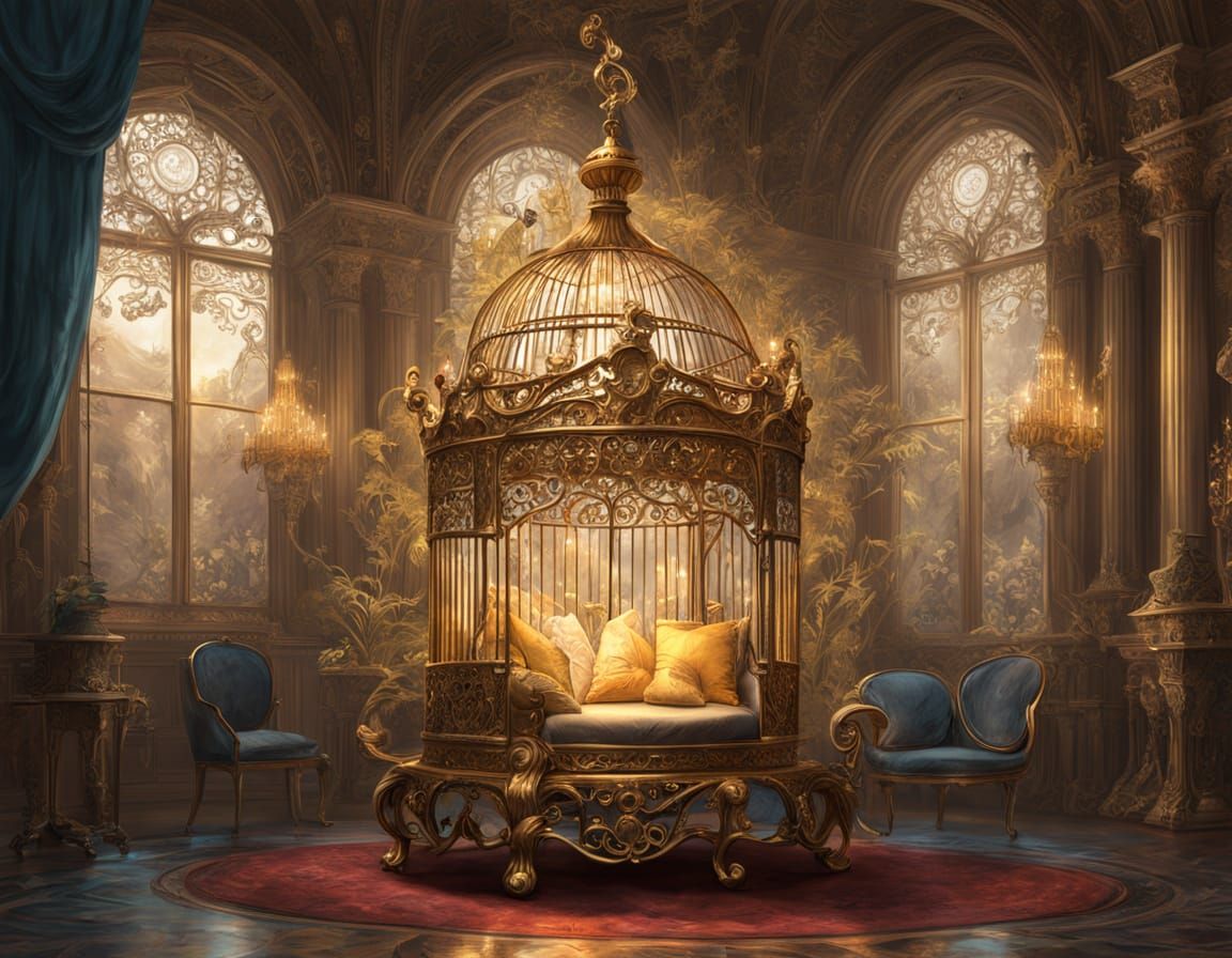 Ornate Rococo Birdcage on Velvet Cushion