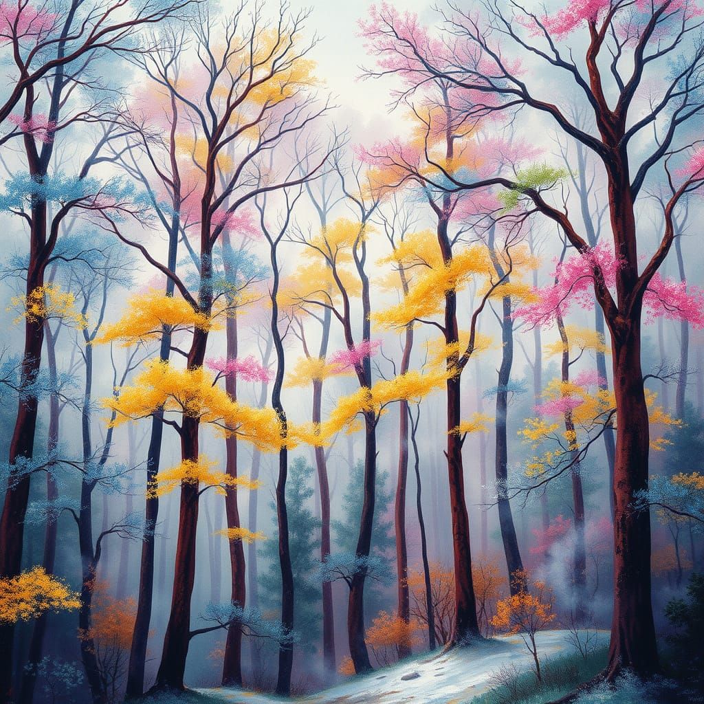 Enchanted Winter Forest in Vibrant Fog