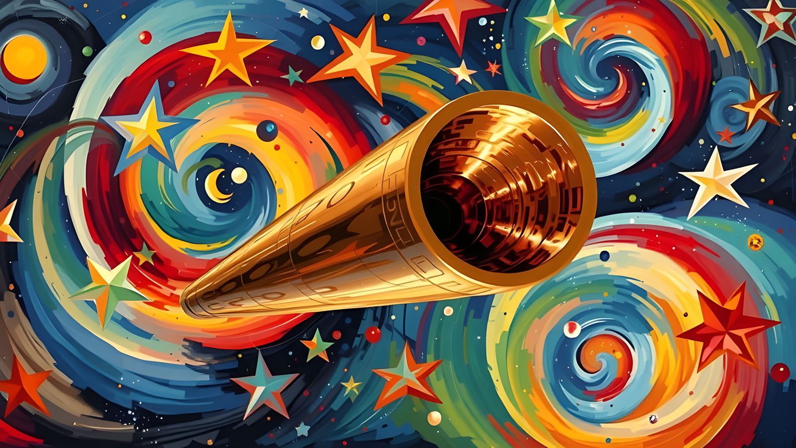 Reflective Cylinder Mirrors Kandinsky Stars in Dreamlike Cos...