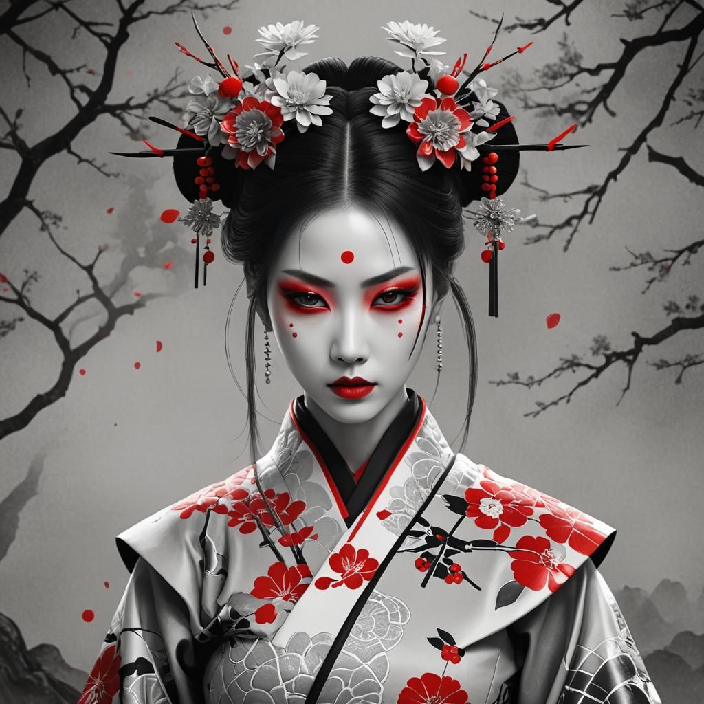 Woman with Red Eye Makeup in Japonism Style