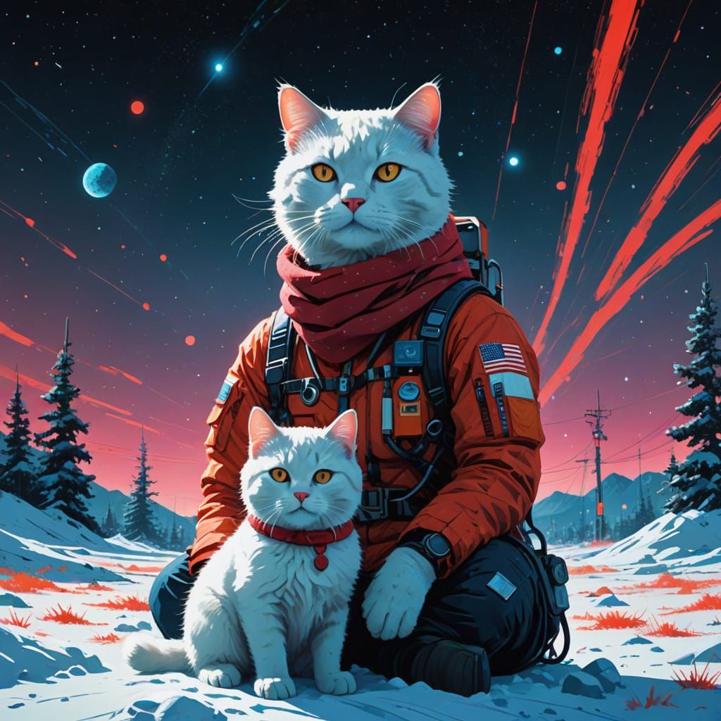 Astronaut and Cat in Cosmic Winter, Celestialpunk Style