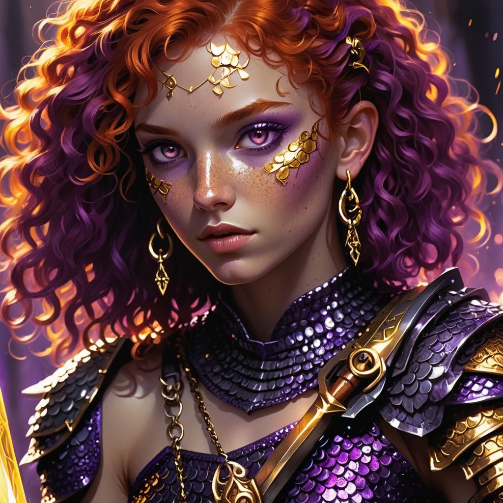 Fantasy Girl Portrait with Sword Earrings, Art Nouveau Style